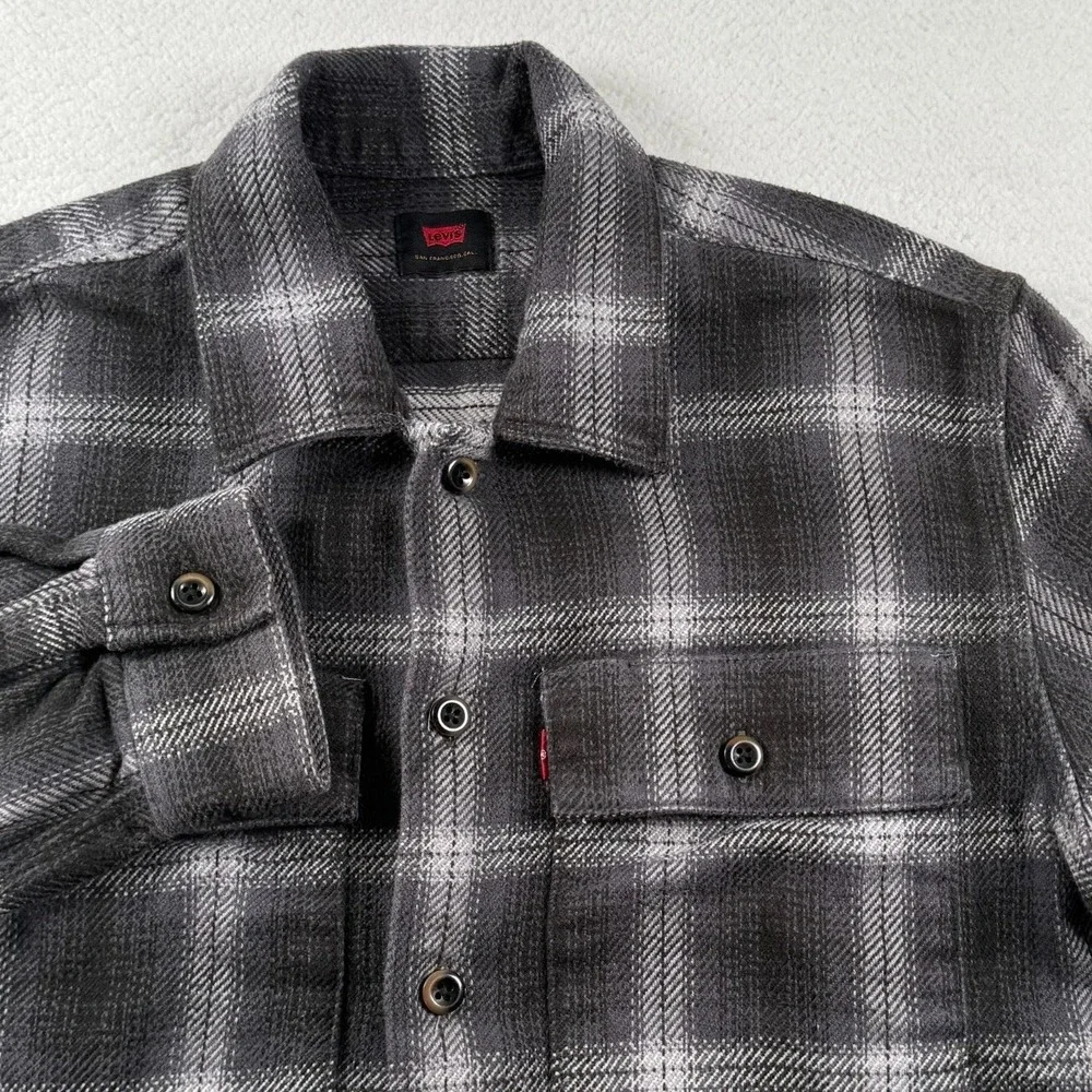 Levi's‎ Flannel Shirt Mens Medium Gray Windowpane Plaid Cotton Preppy Button Up